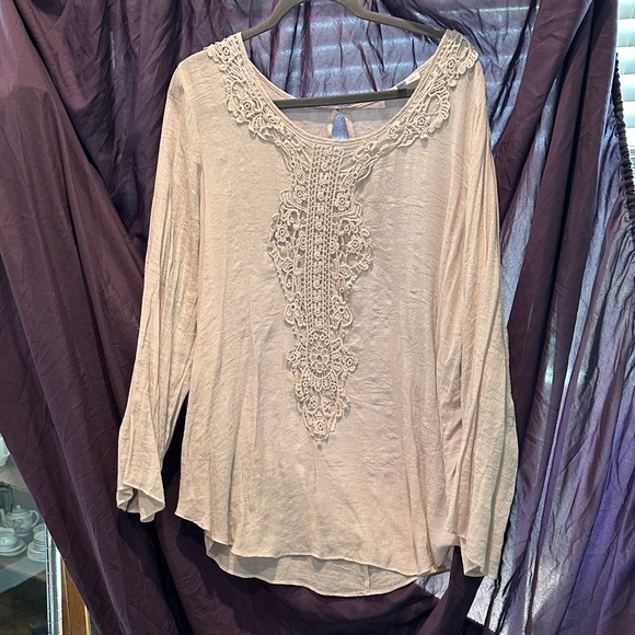Spense Tops - Spense Lenin and Lace Accent Blouse - Cream